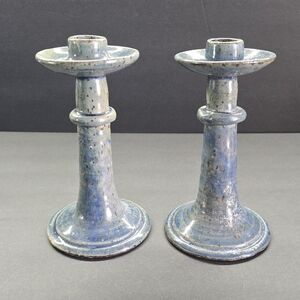 VTG Pair Hand Thrown Artisan Studio Art Pottery Taper Candlestick Holders Blues